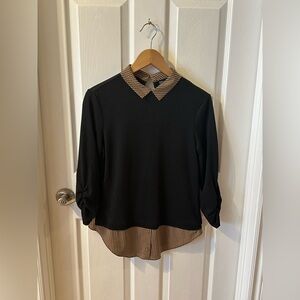 Suzy Shier Black Layered Top with Tan Patterned Collar